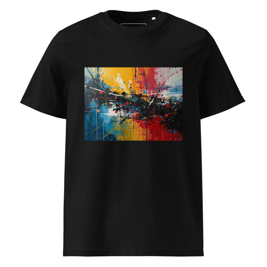 Flat lay front view of the City Pulse organic cotton graphic tee. black