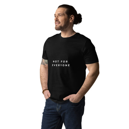 Male model wearing the Not for Everyone organic cotton t-shirt, front view. black