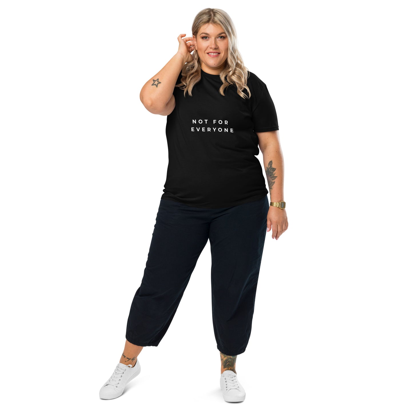 Female model wearing the Not for Everyone organic cotton t-shirt, front view. black