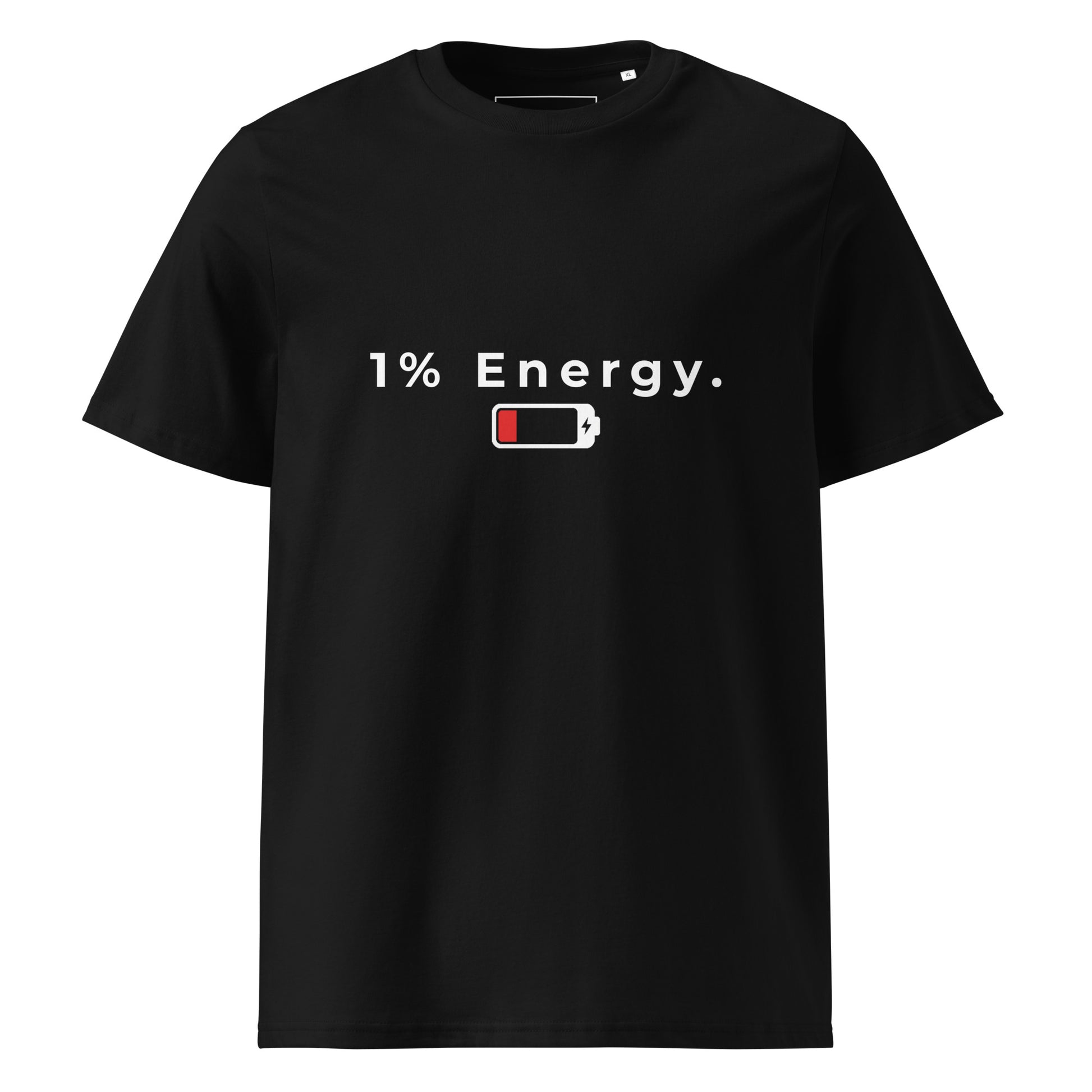 Flat lay front view of the 1% Energy organic cotton t-shirt. black