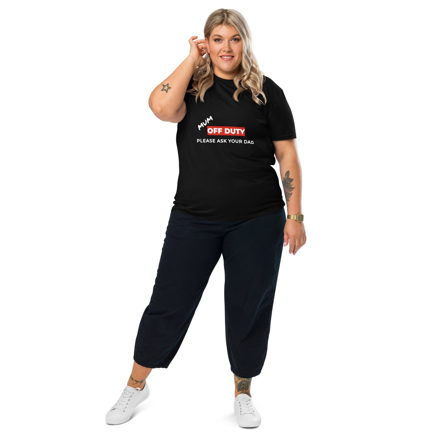 Female model wearing the funny Mum Off Duty organic cotton t-shirt, front view. black