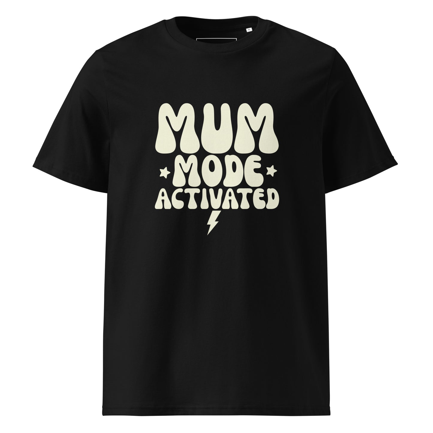 Black short-sleeve t-shirt displaying the text MUM MODE ACTIVATED in a vintage, stacked cream-colored font, accented with retro stars.