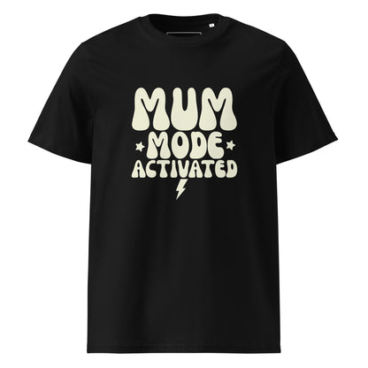 Black short-sleeve t-shirt displaying the text MUM MODE ACTIVATED in a vintage, stacked cream-colored font, accented with retro stars.