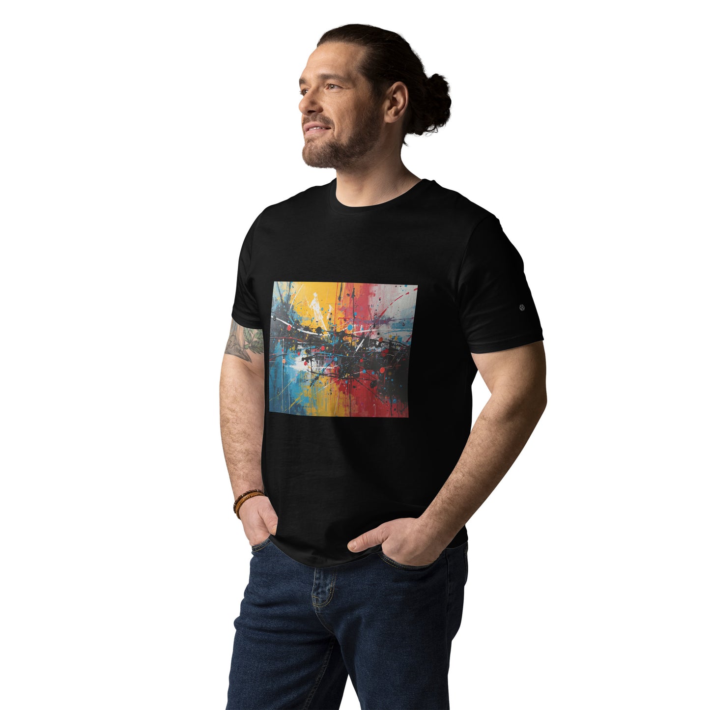 Male model wearing the City Pulse organic cotton t-shirt, front view. black