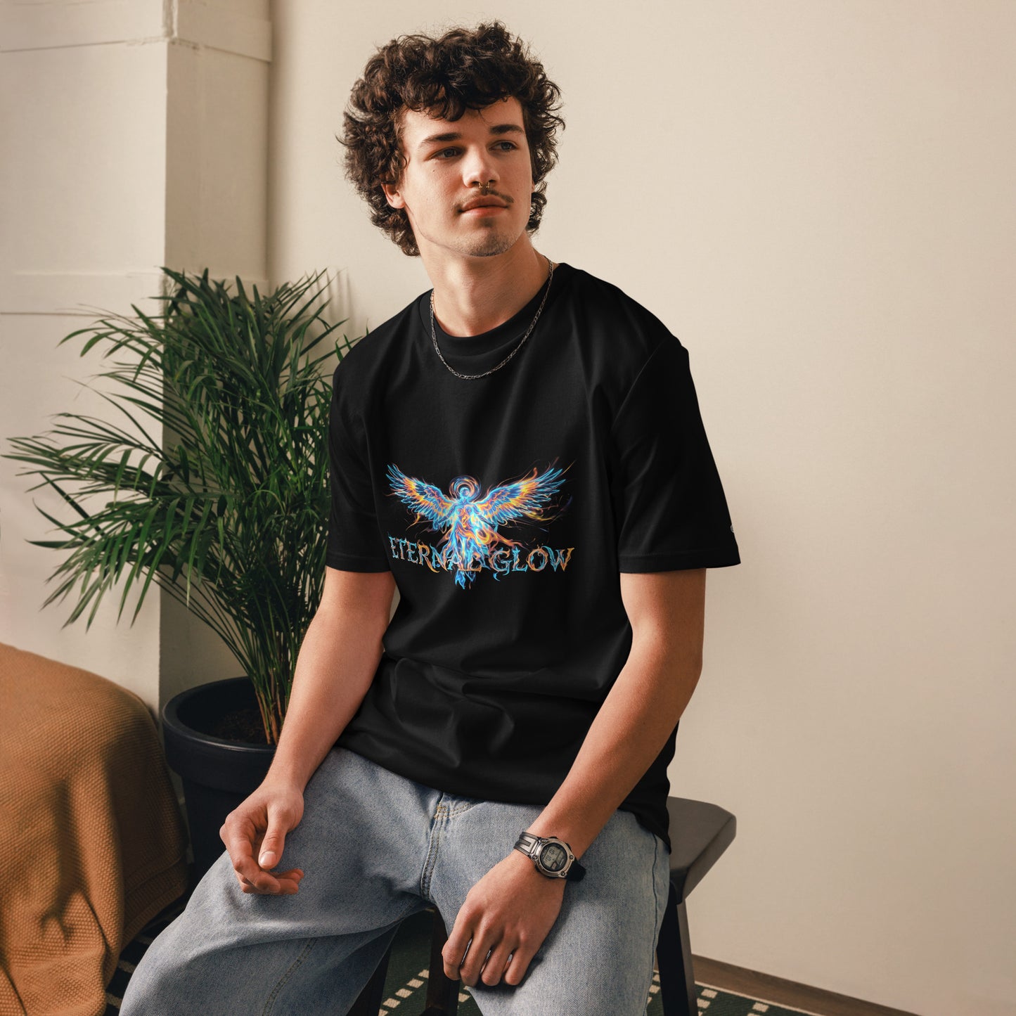 Male model lifestyle wearing the Eternal Glow organic cotton t-shirt, front view. black