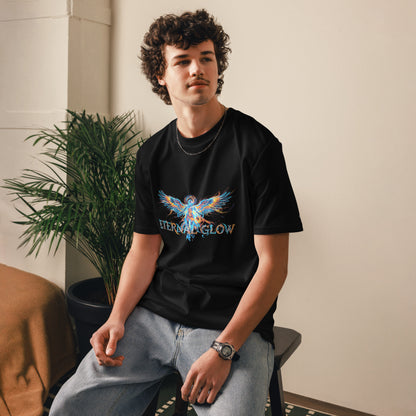 Male model lifestyle wearing the Eternal Glow organic cotton t-shirt, front view. black