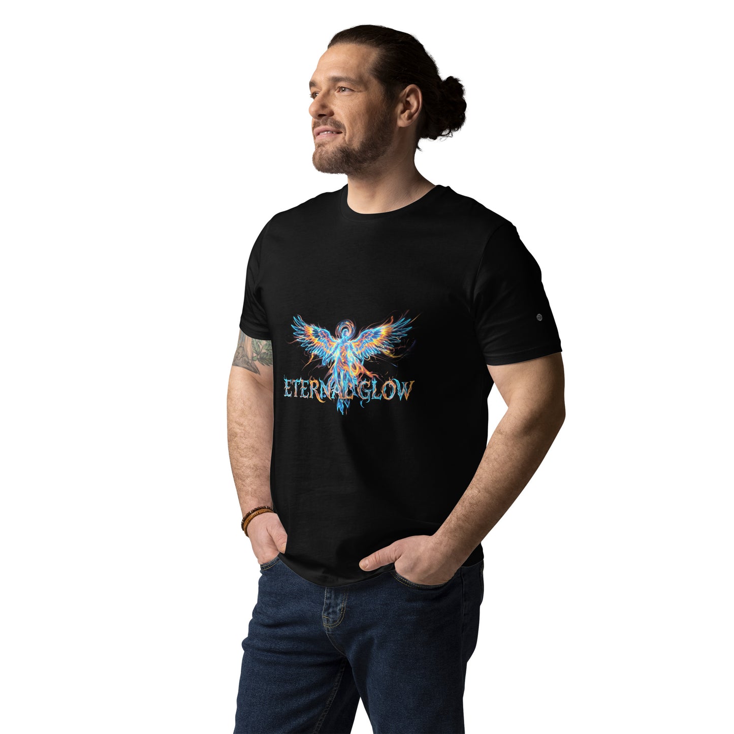 Male model wearing the Eternal Glow organic cotton t-shirt, front view. black