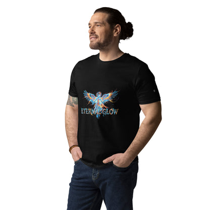 Male model wearing the Eternal Glow organic cotton t-shirt, front view. black