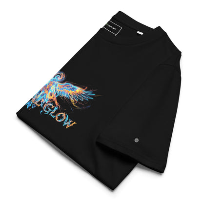 Side view of the folded Eternal Glow t-shirt displaying the hem. black