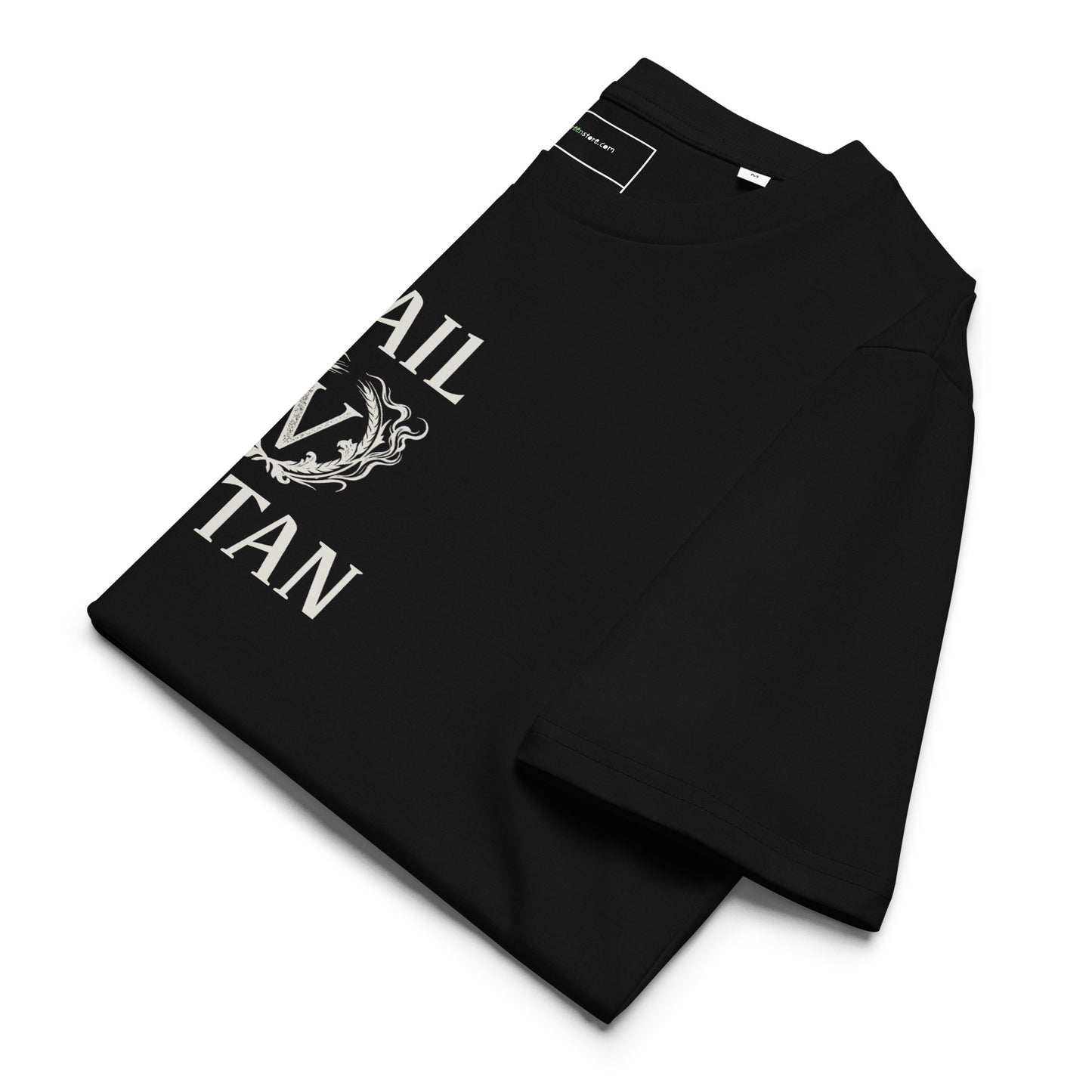 Neatly folded black streetwear t-shirt featuring the ivory Hail Seitan graphic in a gothic font and vegan wheat seal design.