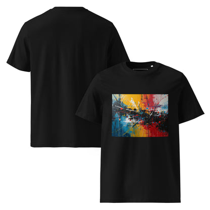 Front and Back view of the City Pulse organic cotton graphic tee. black