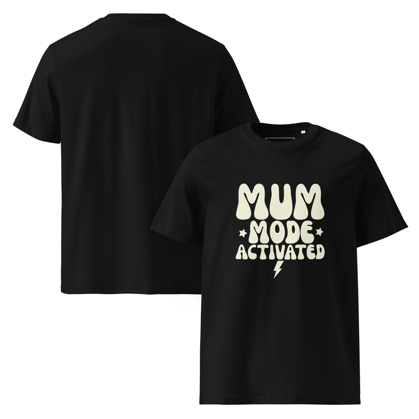 Black eco-friendly mom shirt featuring a light cream MUM MODE ACTIVATED retro design, made from PETA-Approved organic cotton. Front and Back view