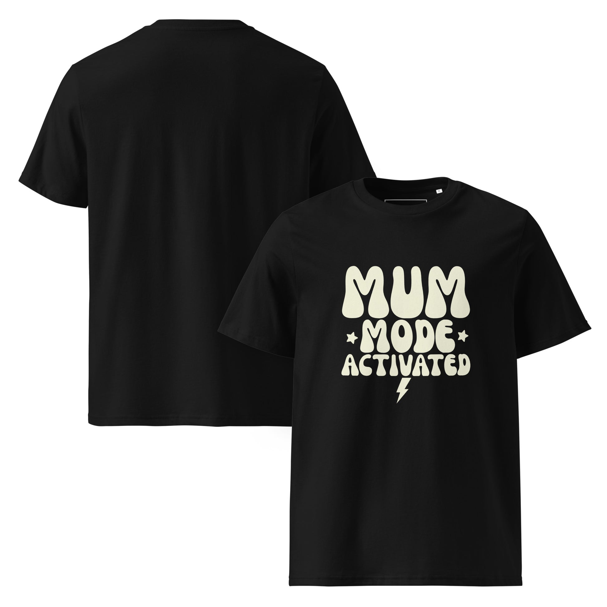 Black eco-friendly mom shirt featuring a light cream MUM MODE ACTIVATED retro design, made from PETA-Approved organic cotton. Front and Back view