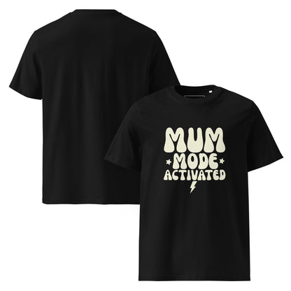 Black eco-friendly mom shirt featuring a light cream MUM MODE ACTIVATED retro design, made from PETA-Approved organic cotton. Front and Back view