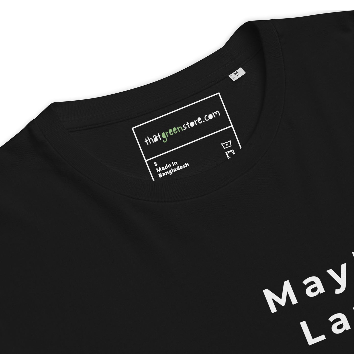 Close-up of the label on the Maybe Later vegan tee. black