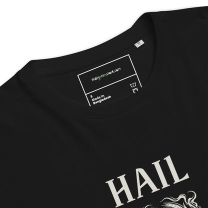 Close-up of the inner neck label on a black organic cotton t-shirt, showing That Green Store branding above the ivory Hail Seitan graphic.