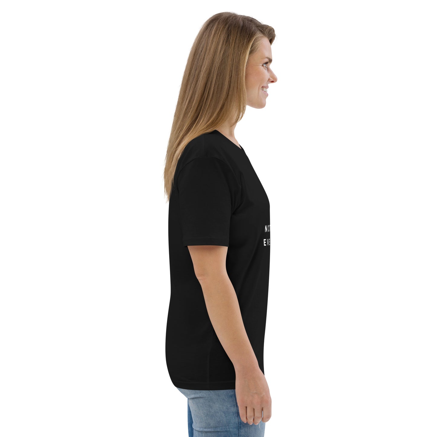 Side view of a female model styling the vegan Not for Everyone tee. black