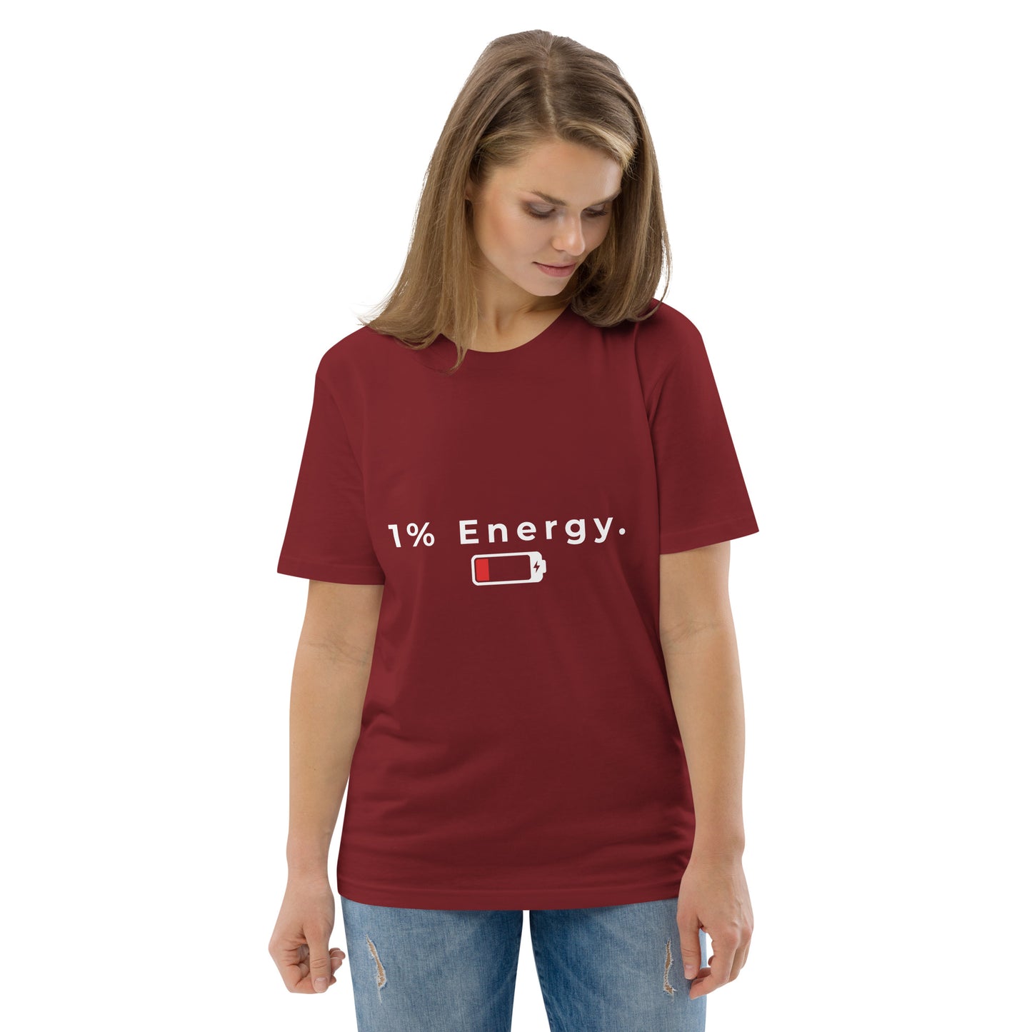Front view of a female model in the vegan 1% Energy tee. burgundy