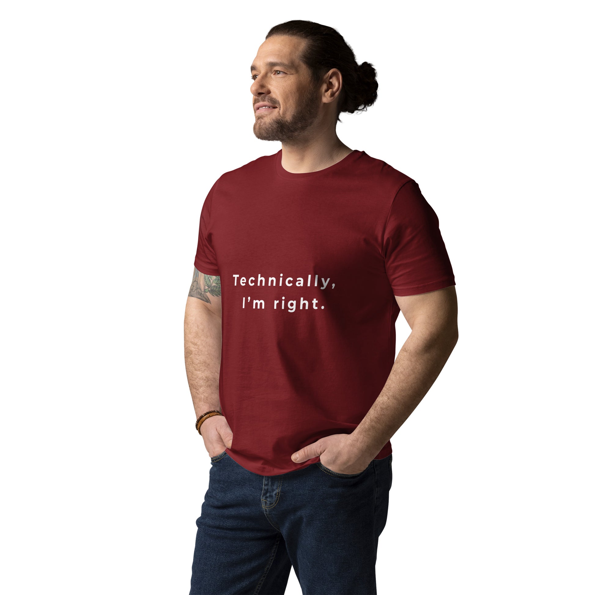 Front view of a male model wearing the vegan Technically I'm right tee.