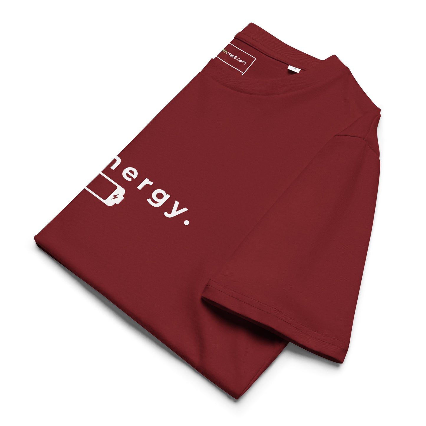 Side view of the neatly folded 1% Energy vegan t-shirt showing fabric thickness. burgundy