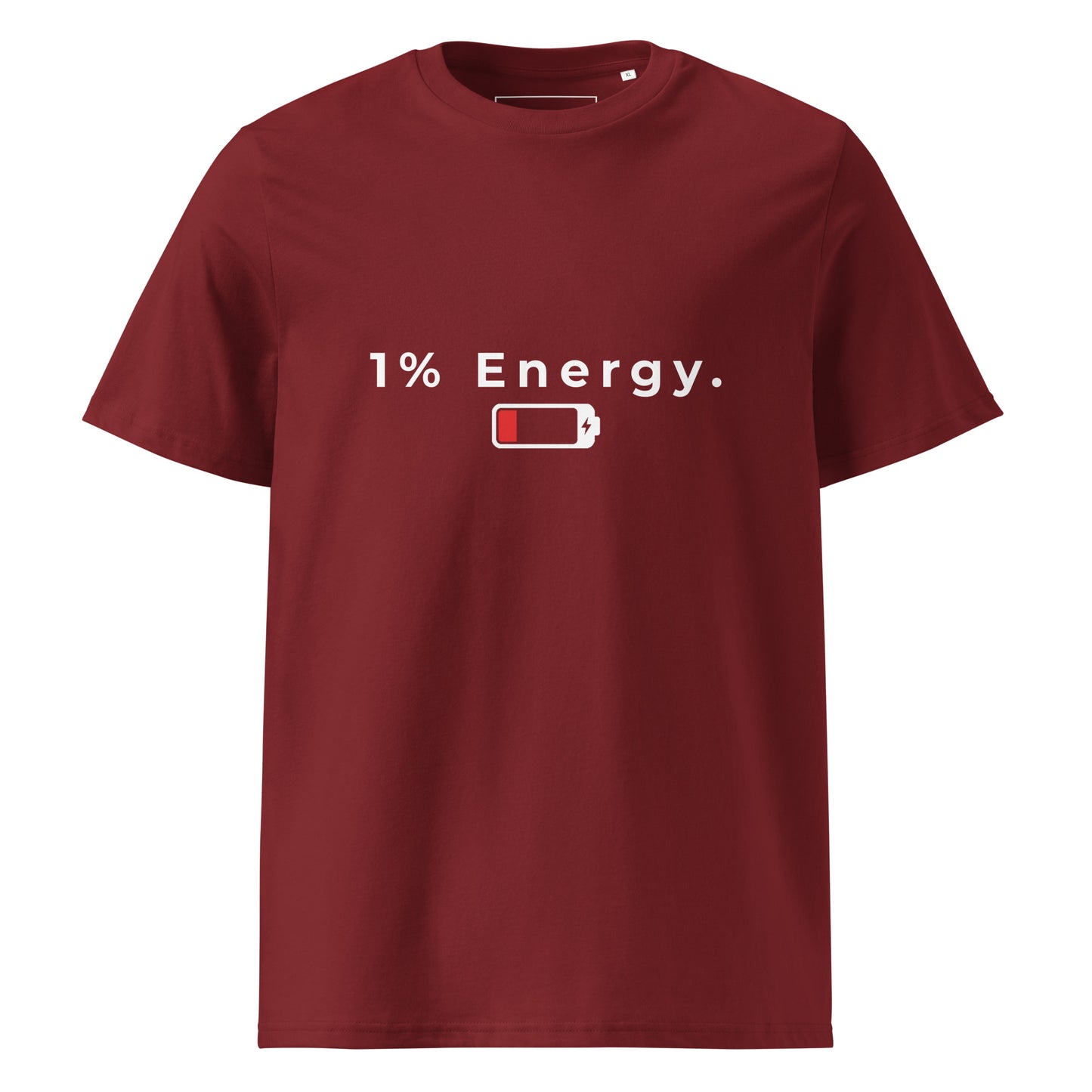 Flat lay front view of the 1% Energy organic cotton t-shirt. burgundy