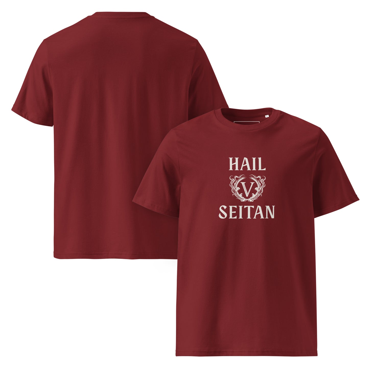Flat lay of the burgundy Hail Seitan vegan streetwear t-shirt, featuring a vintage ivory gothic print centered on the chest.