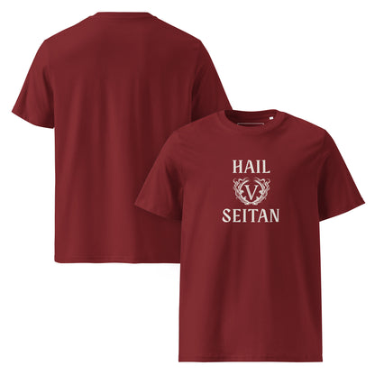 Flat lay of the burgundy Hail Seitan vegan streetwear t-shirt, featuring a vintage ivory gothic print centered on the chest.