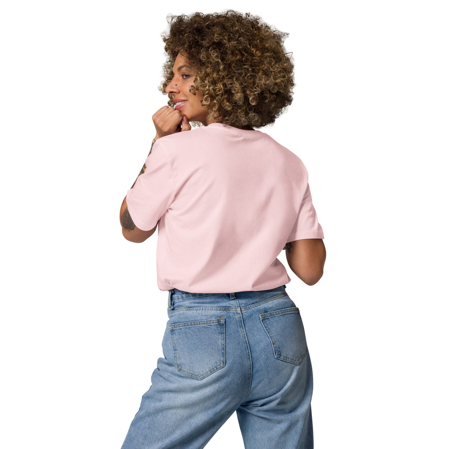 Back view of a female model wearing the eco-friendly Technically I'm right t-shirt. pink