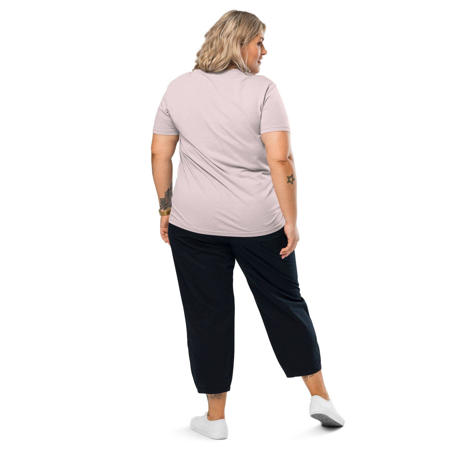 Female model wearing the Technically I'm right organic cotton t-shirt, back view. pink