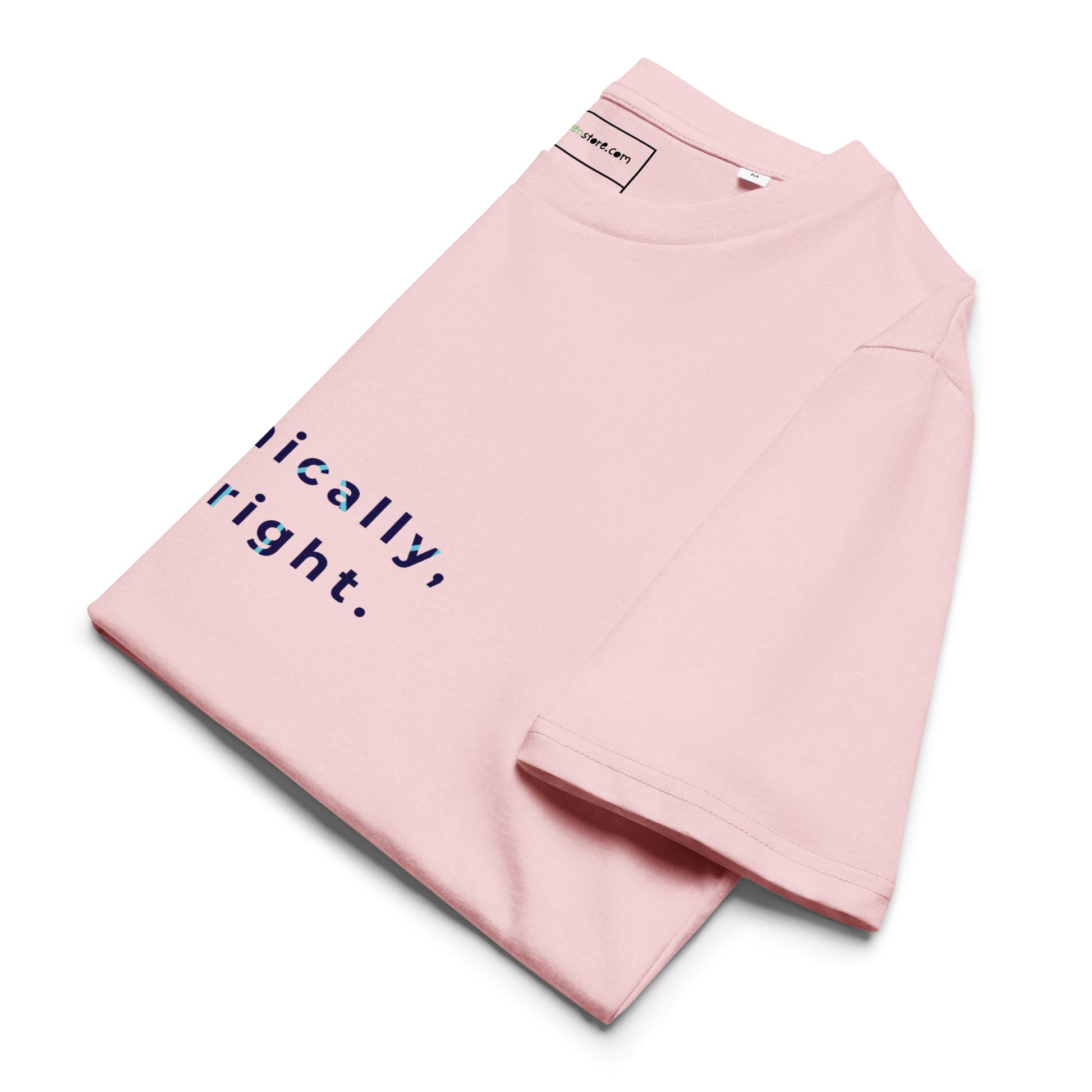 Side view of the folded Technically I'm right t-shirt showing the fold lines. pink