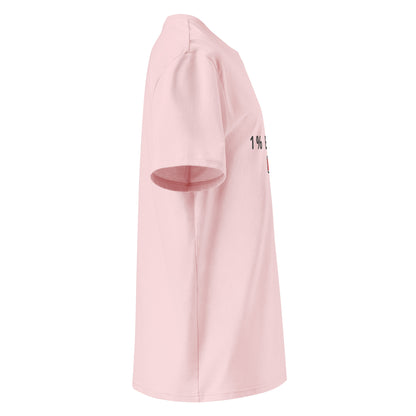Side view of the neatly folded 1% Energy vegan t-shirt showing fabric thickness. pink