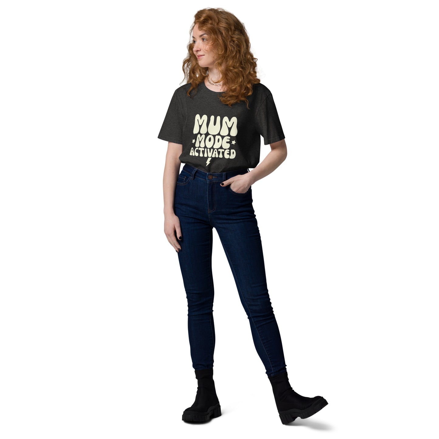 Entire view A woman casually modeling the vintage style dark grey heather t-shirt with the MUM MODE ACTIVATED graphic."