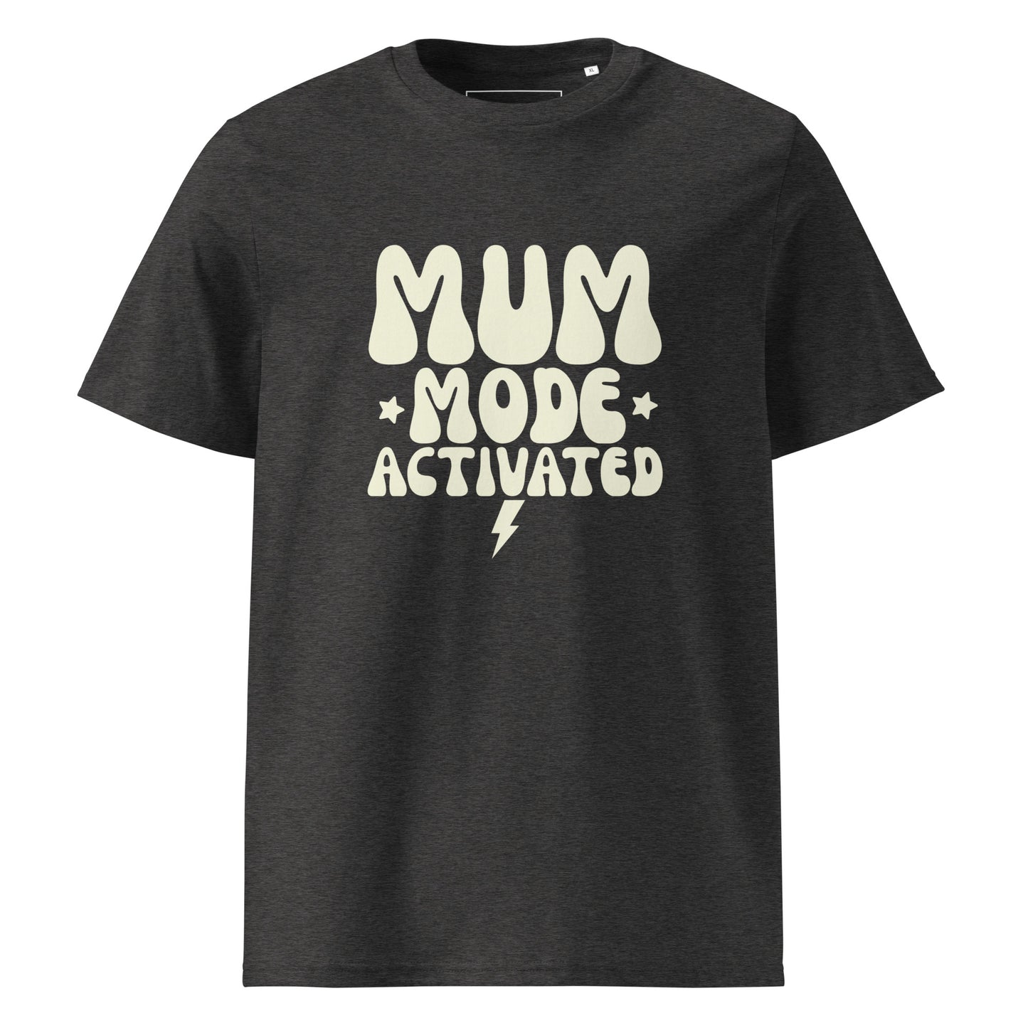 Dark heather grey t-shirt showing a stacked typography design that reads MUM MODE ACTIVATED in a light cream color, with a small lightning bolt.