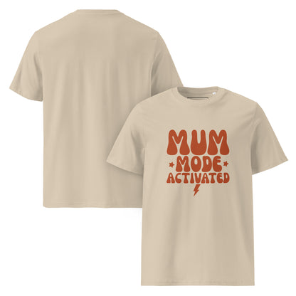 Trendy sand beige mom t-shirt with a groovy MUM MODE ACTIVATED graphic in terracotta red, designed for an eco-friendly boutique look.