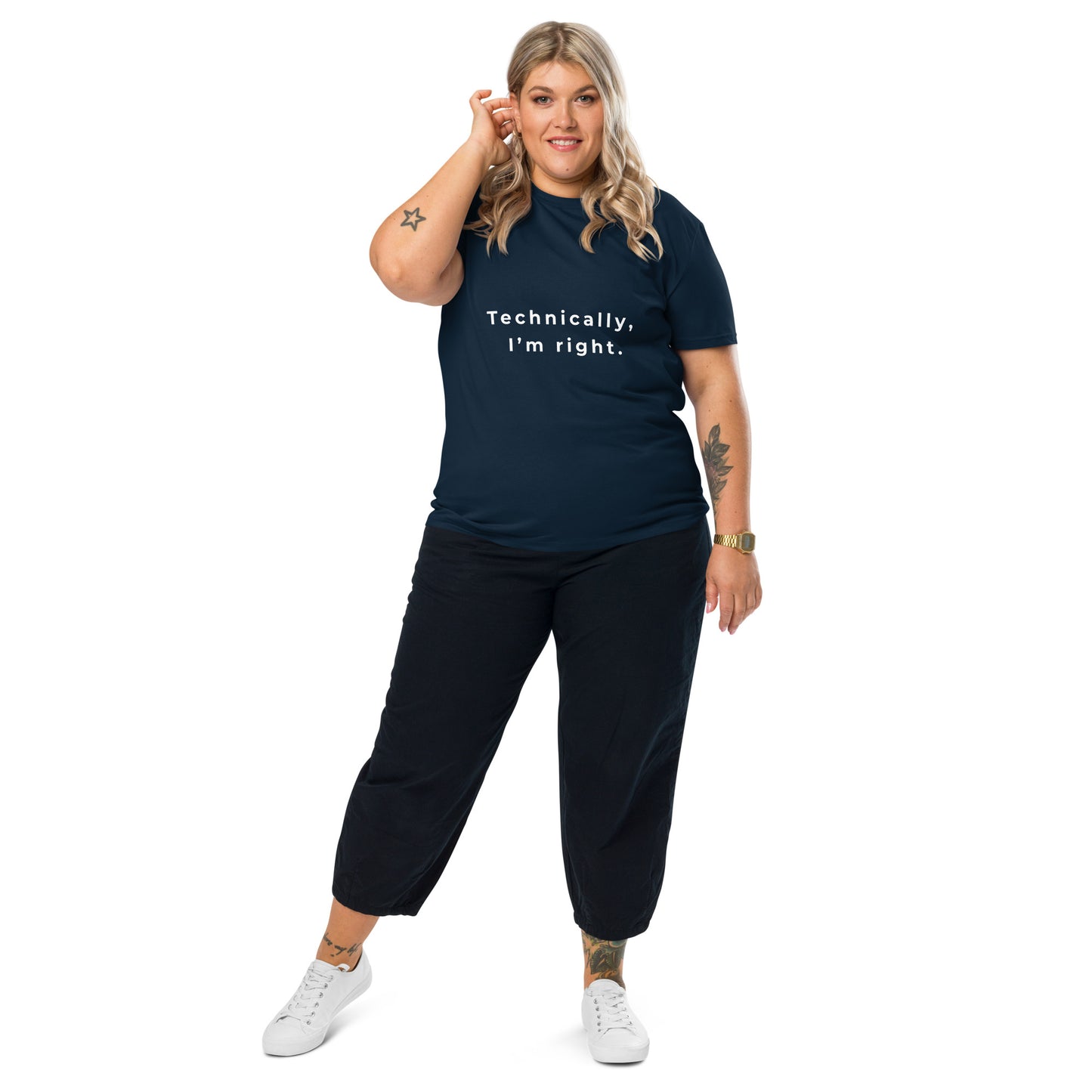 Female model wearing the Technically I'm right organic cotton t-shirt, front view. navy