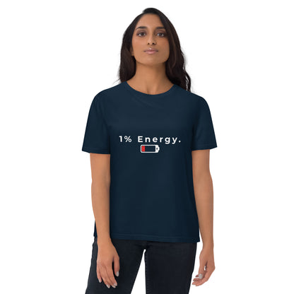 Front view of Female model wearing the 1% Energy organic cotton t-shirt, front view. navy