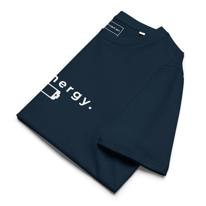 Side view of the neatly folded 1% Energy vegan t-shirt showing fabric thickness. navy