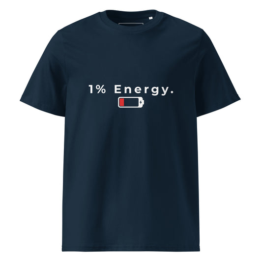 Flat lay front view of the 1% Energy organic cotton t-shirt. navy