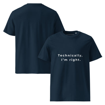 Front and Back view of the Technically I'm right organic cotton t-shirt. navy