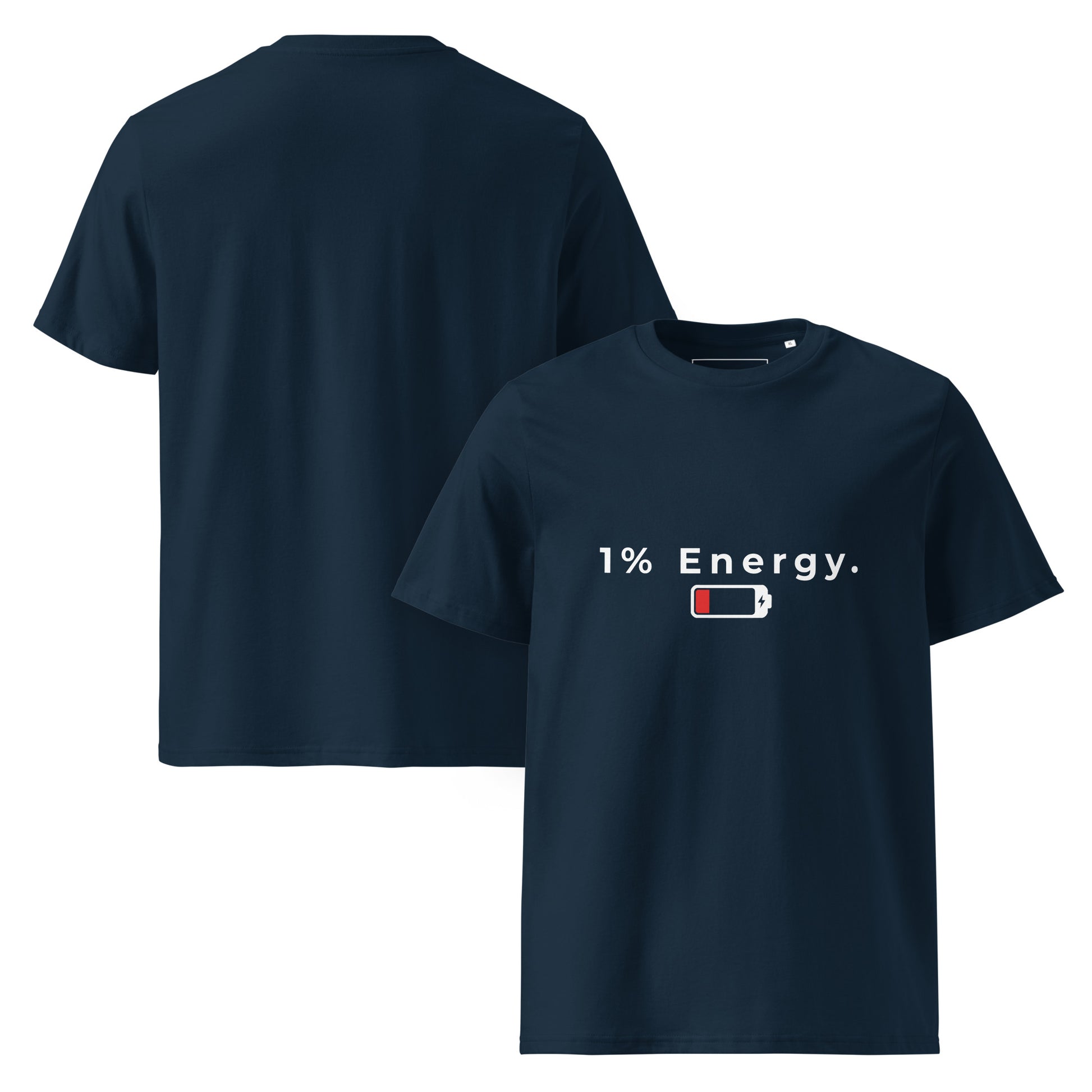 Front and Back view of the neatly folded 1% Energy vegan t-shirt showing fabric thickness. navy