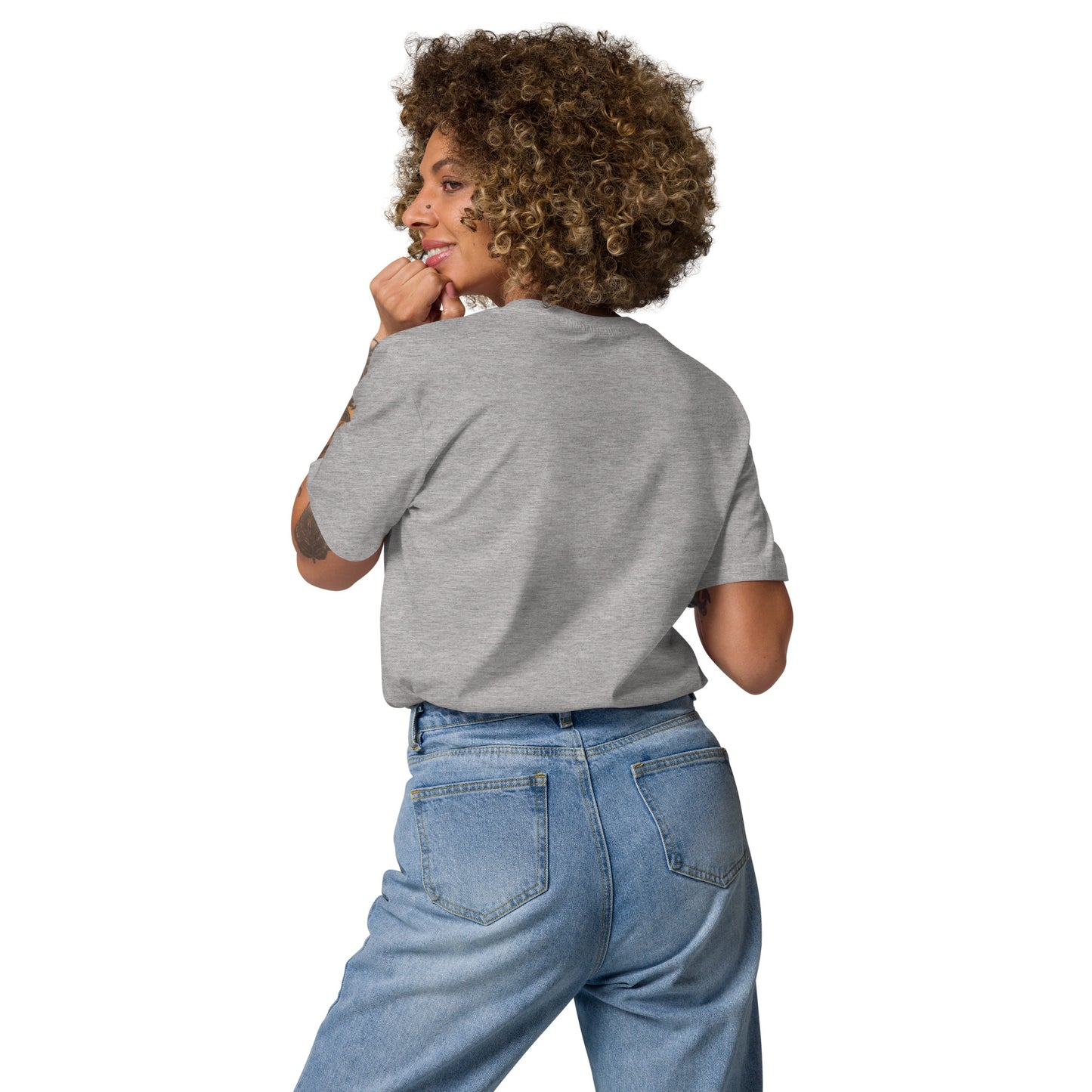 Back view of a female model in the vegan Phantom Spirit graphic tee. grey