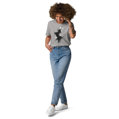 Female model wearing the Phantom Spirit organic cotton t-shirt, front view. grey