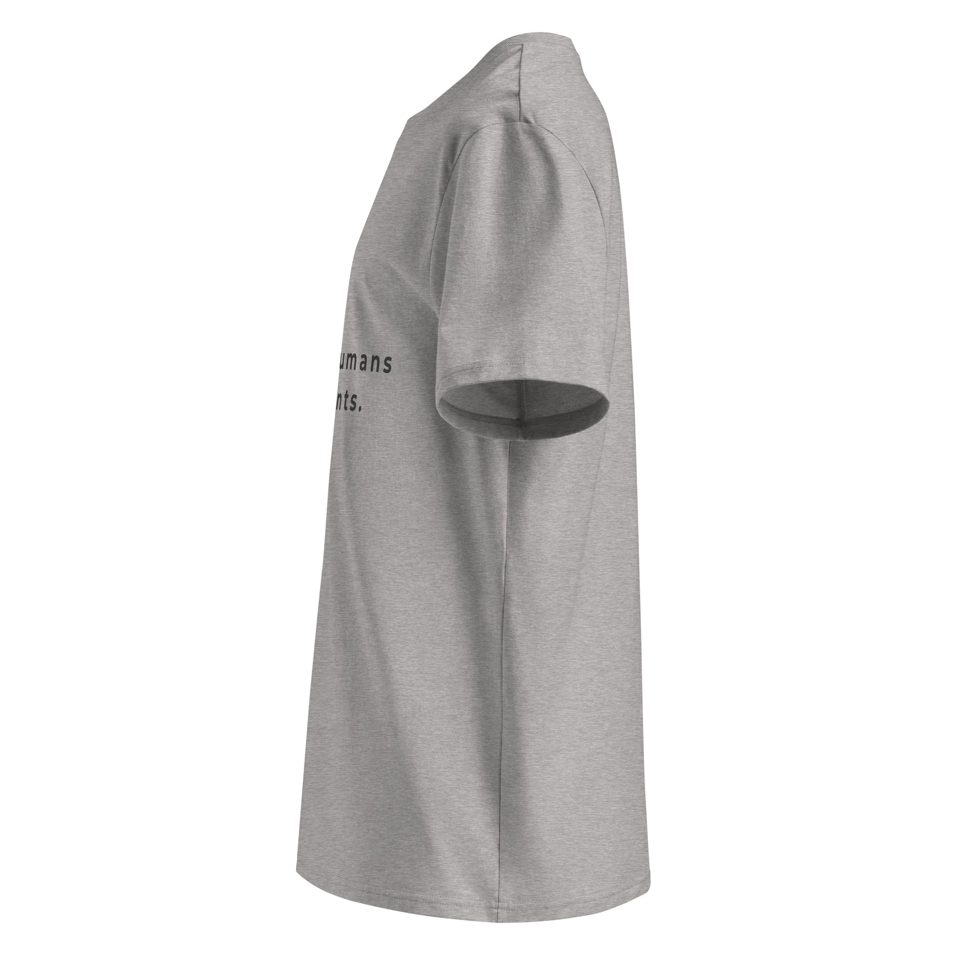 Side view of the "raising humans on plants." t-shirt being worn, showcasing the comfortable unisex fit and the softness of the eco-friendly material. -grey-