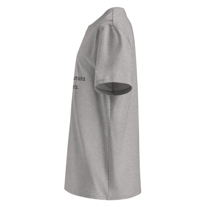 Side view of the "raising humans on plants." t-shirt being worn, showcasing the comfortable unisex fit and the softness of the eco-friendly material. -grey-
