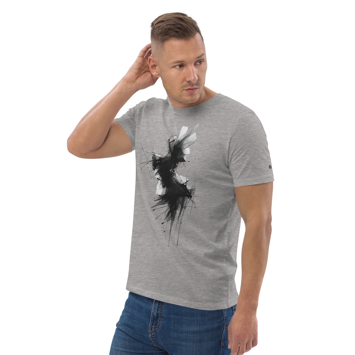 Male model wearing the Phantom Spirit organic cotton t-shirt, front view. grey