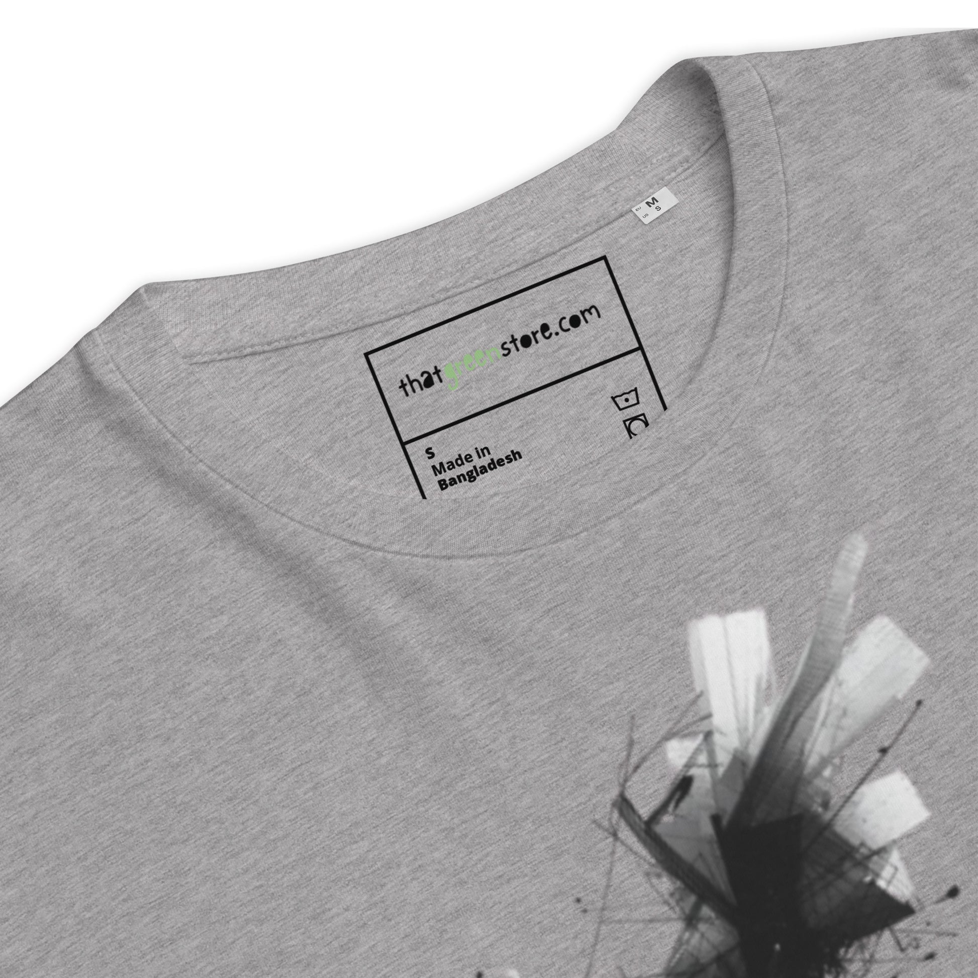 Close-up of the brand label on the Phantom Spirit t-shirt. grey