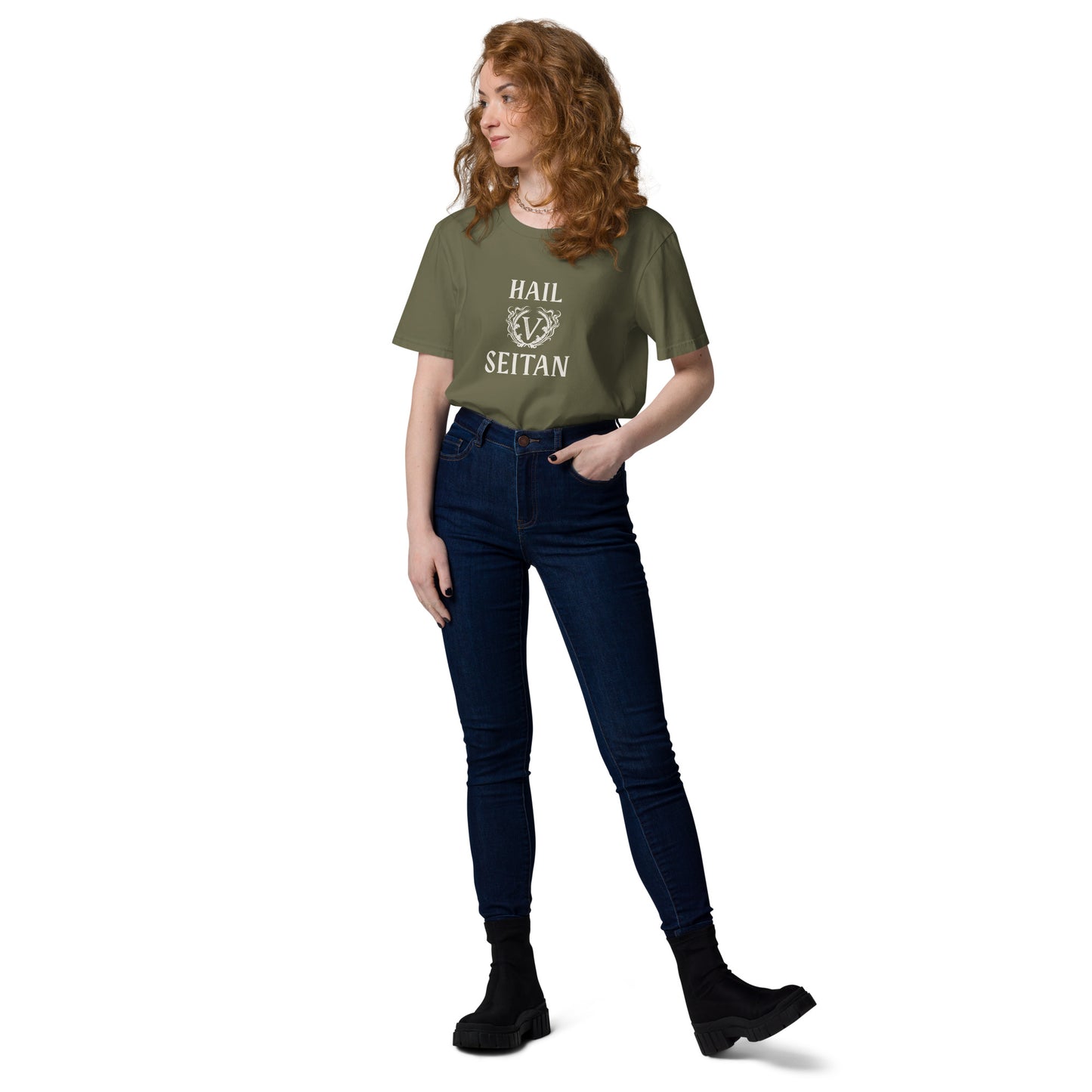 Female model wearing a khaki green Hail Seitan organic cotton t-shirt with a premium ivory gothic graphic on the chest.