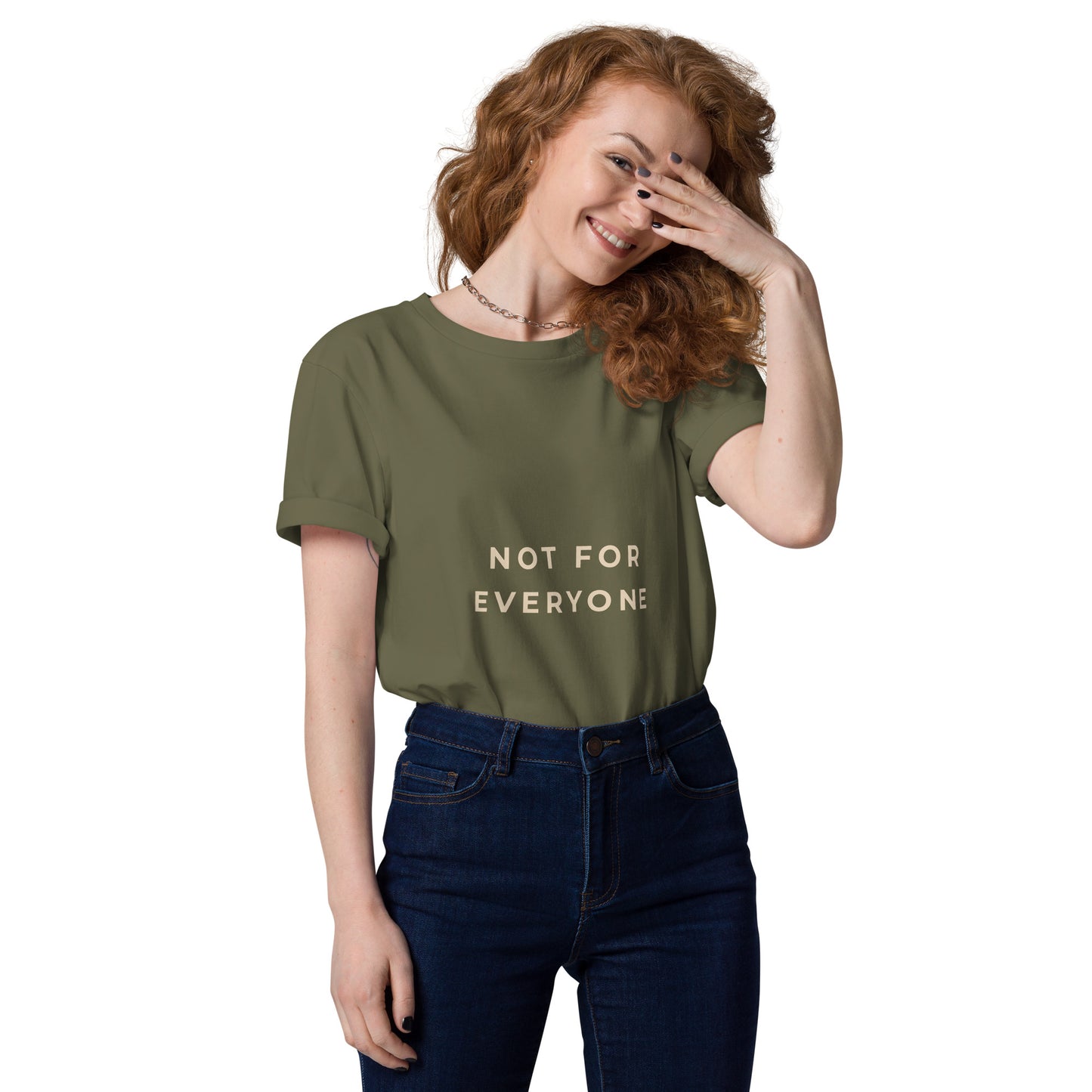 Female model wearing the Not for Everyone organic cotton t-shirt, front view. khaki