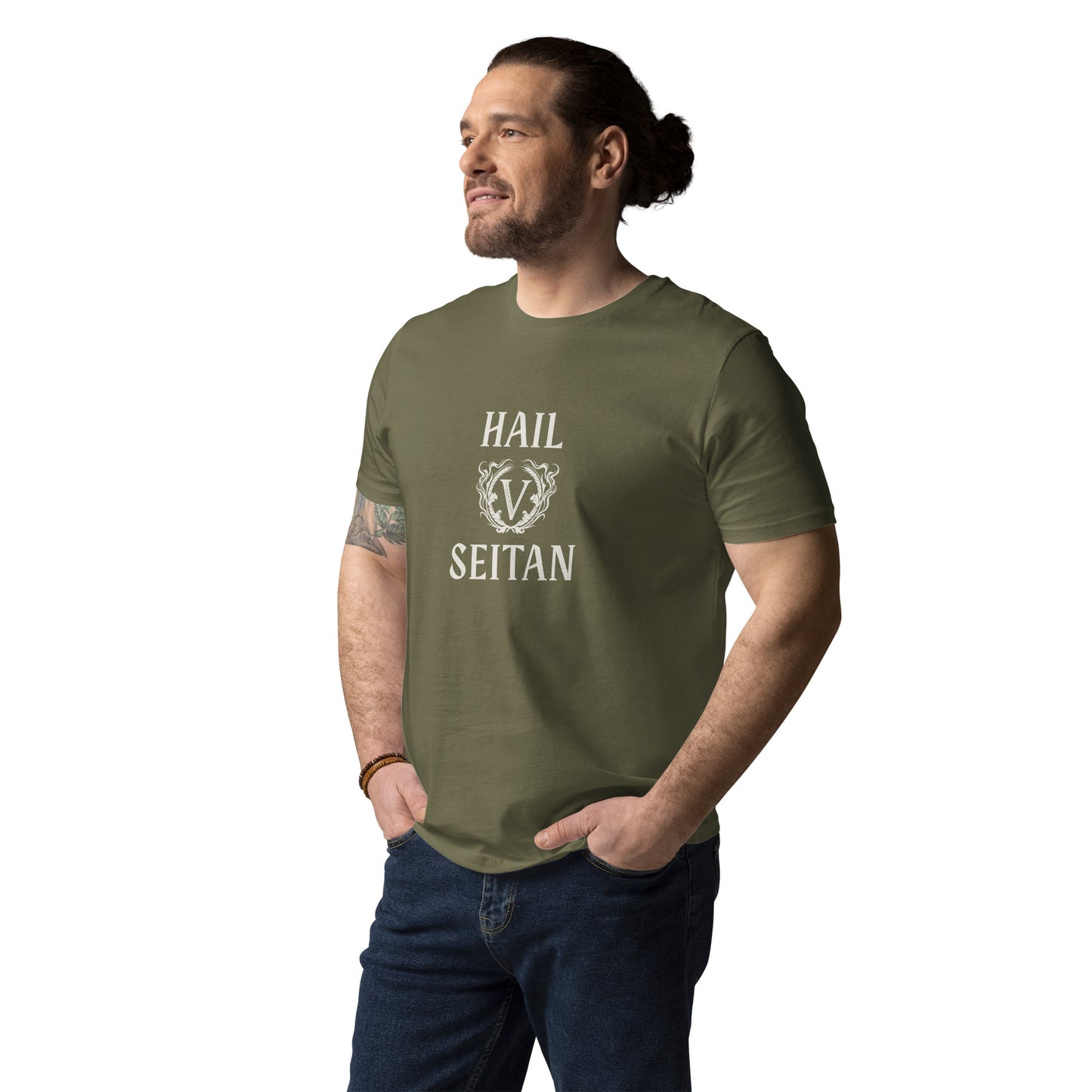 Male model wearing a khaki olive green Hail Seitan t-shirt with an ivory gothic print, representing sustainable streetwear fashion.