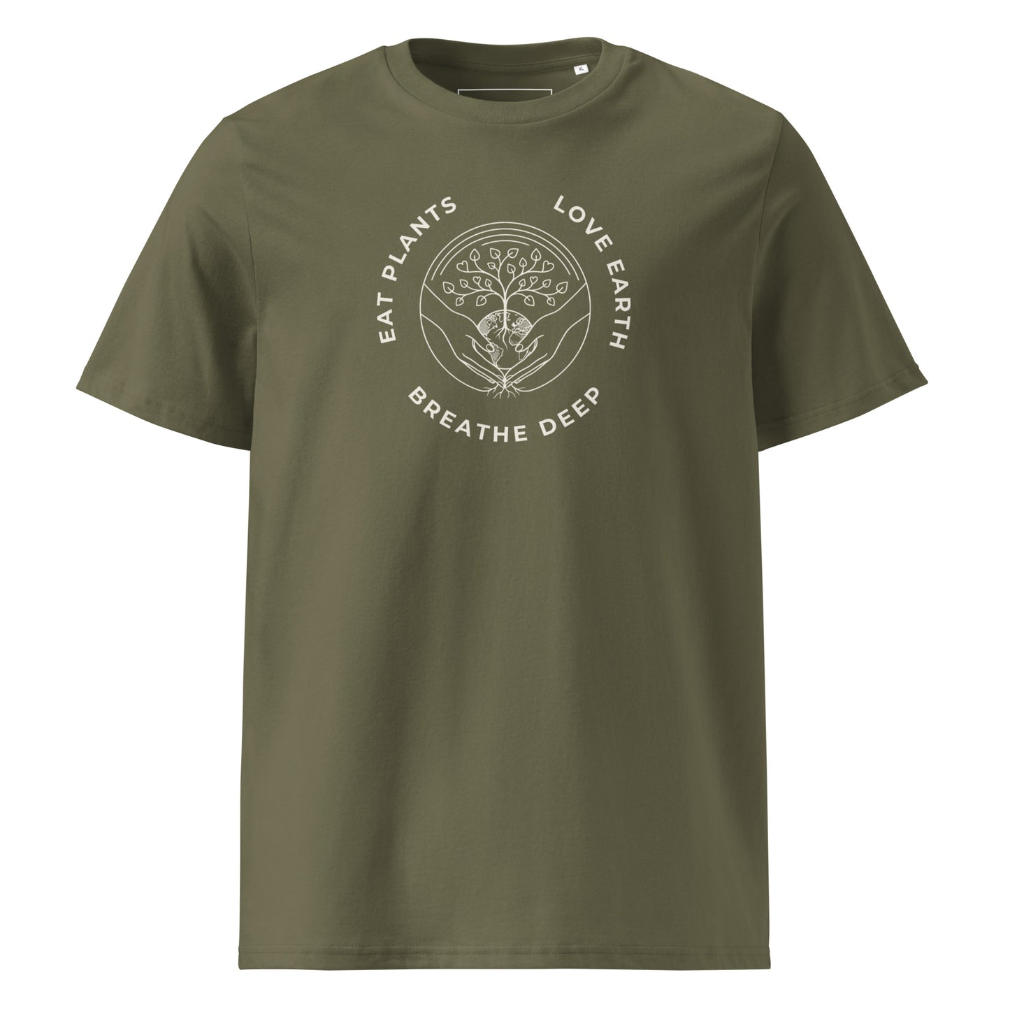 Main front view of the premium organic cotton t-shirt in Olive Green, featuring the "Eat Plants, Love Earth, Breathe Deep" circular graphic on the chest.